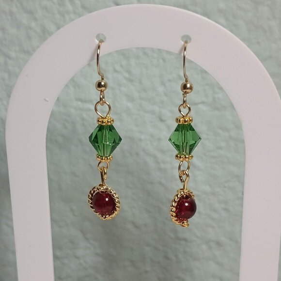 Faceted Green and Red Beads with Gold Accent Christmas Earrings - Picture 2 of 5